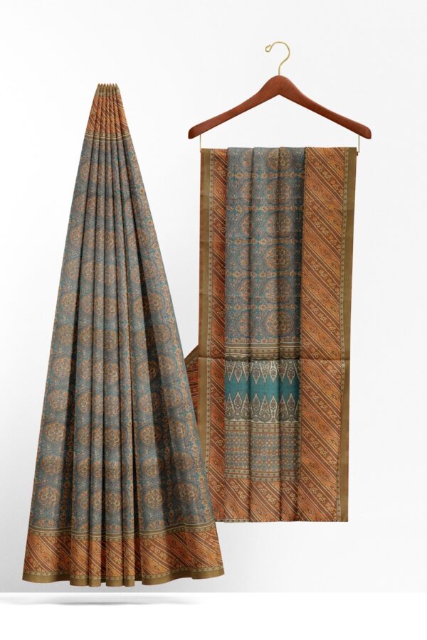 sri kumaran stores chentheri printed saree stone blue saree with cantaloupe color border 2