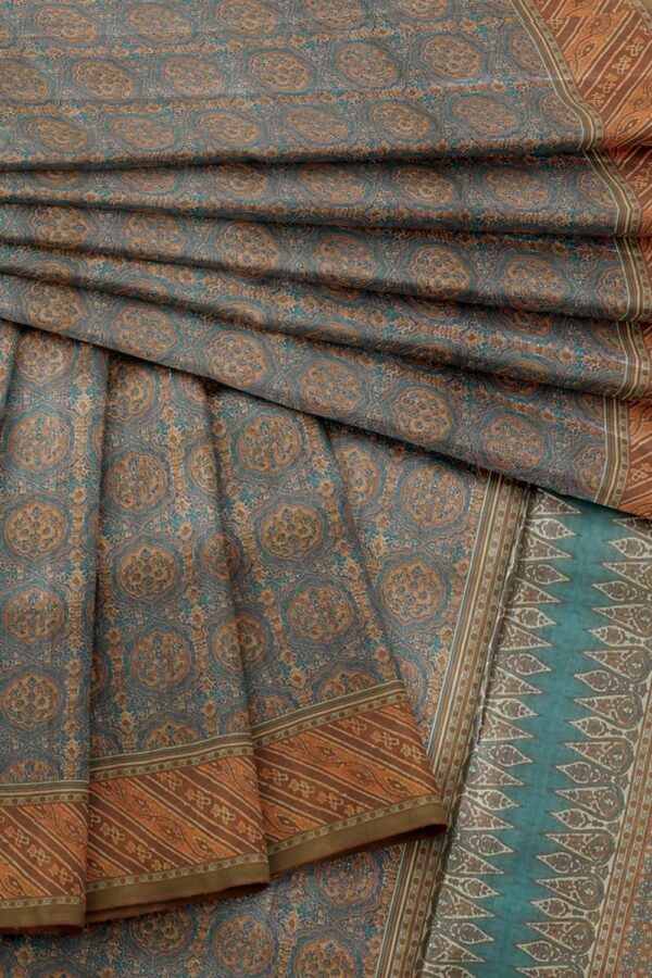 sri kumaran stores chentheri printed saree stone blue saree with cantaloupe color border 4
