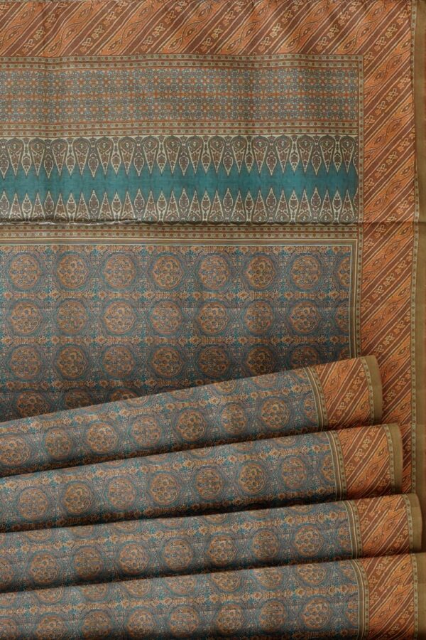 sri kumaran stores chentheri printed saree stone blue saree with cantaloupe color border 5