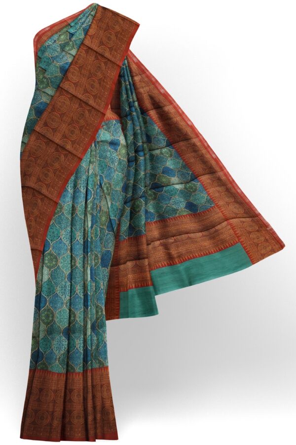 sri kumaran stores chentheri printed saree triple shade blue saree with ruby red border 1