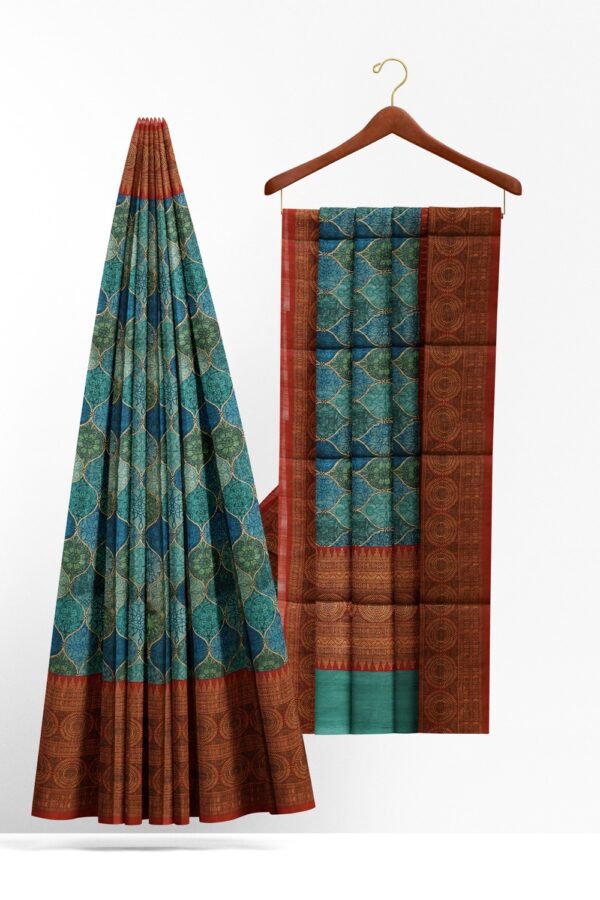 sri kumaran stores chentheri printed saree triple shade blue saree with ruby red border 2