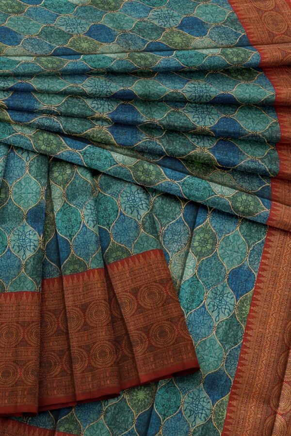 sri kumaran stores chentheri printed saree triple shade blue saree with ruby red border 4