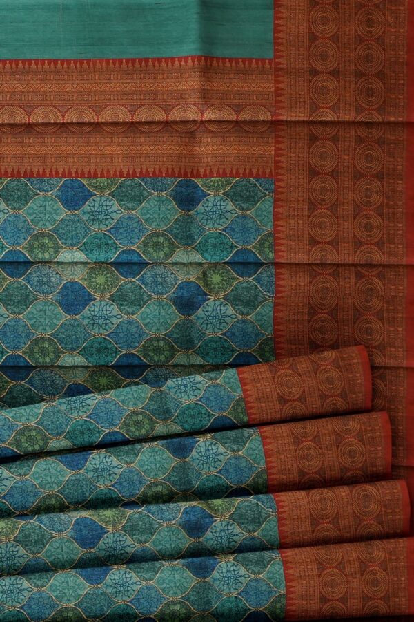 sri kumaran stores chentheri printed saree triple shade blue saree with ruby red border 5