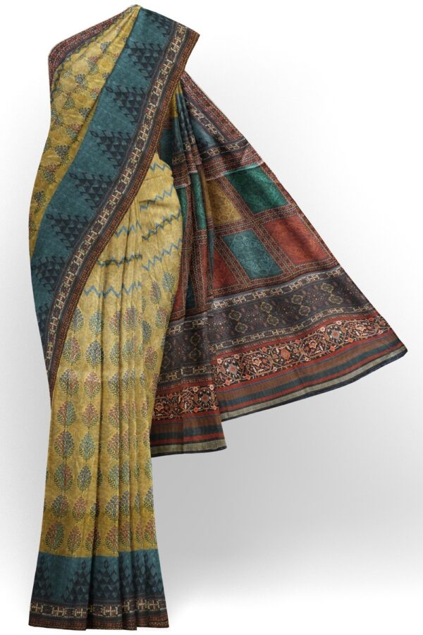 sri kumaran stores chentheri printed saree wheat color saree with steel blue border 1