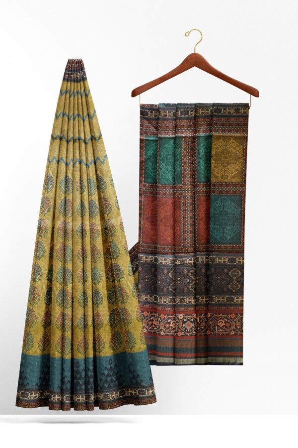 sri kumaran stores chentheri printed saree wheat color saree with steel blue border 2