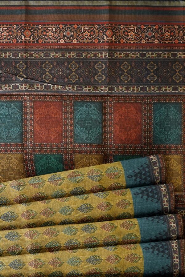 sri kumaran stores chentheri printed saree wheat color saree with steel blue border 5