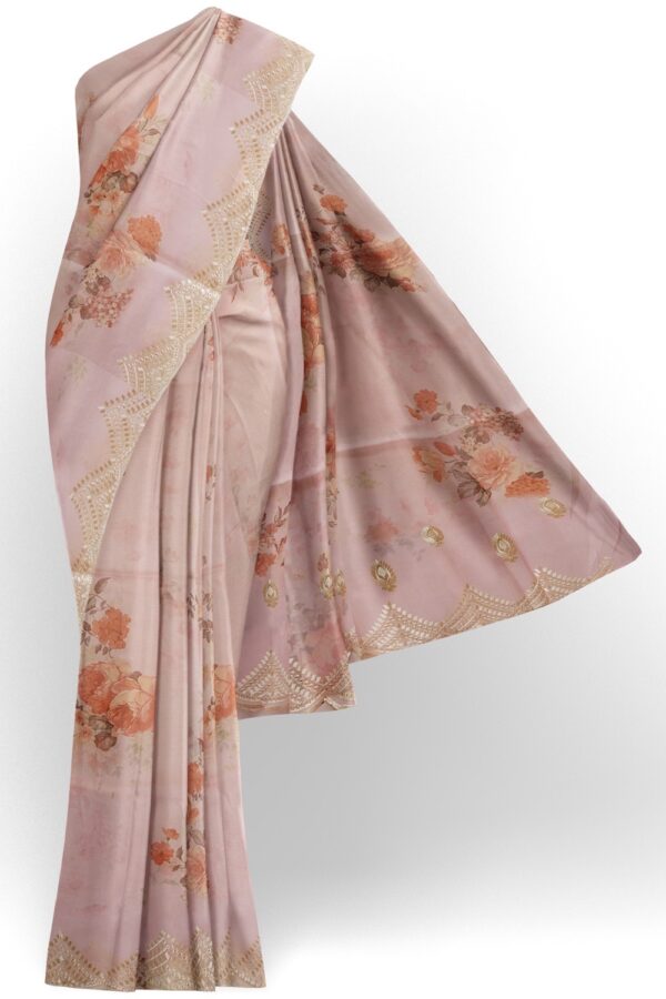 sri kumaran stores organza saree carnation pink floral design saree with embroidered border and pallu 1
