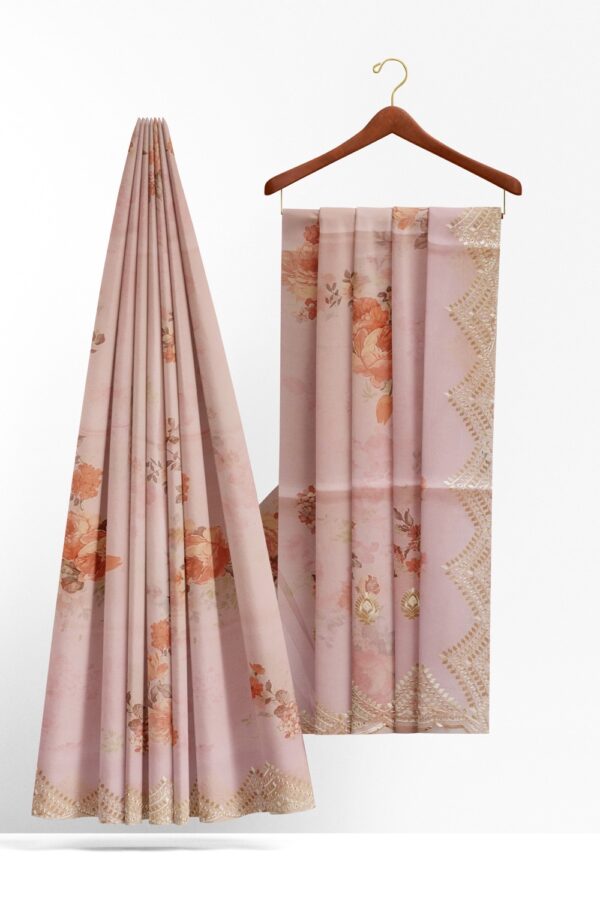 sri kumaran stores organza saree carnation pink floral design saree with embroidered border and pallu 2