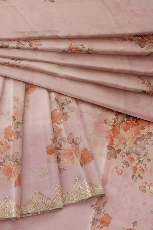 sri kumaran stores organza saree carnation pink floral design saree with embroidered border and pallu 4