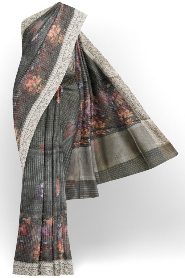 sri kumaran stores organza saree floral design anchor gray saree with thread work border 1