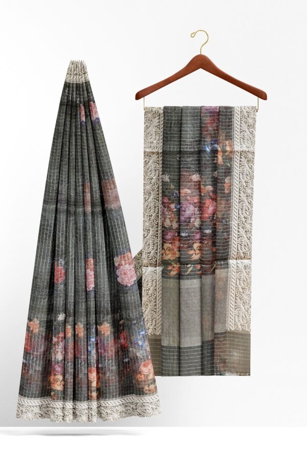 sri kumaran stores organza saree floral design anchor gray saree with thread work border 2