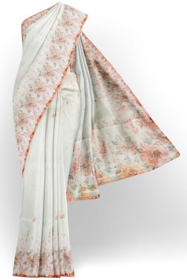 sri kumaran stores organza saree floral design azure white saree with stone work border and pallu 1