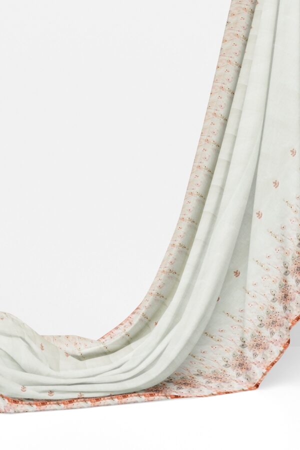 sri kumaran stores organza saree floral design azure white saree with stone work border and pallu 3