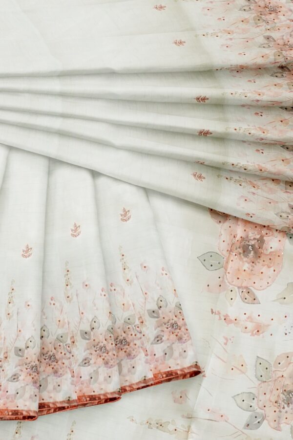 sri kumaran stores organza saree floral design azure white saree with stone work border and pallu 4