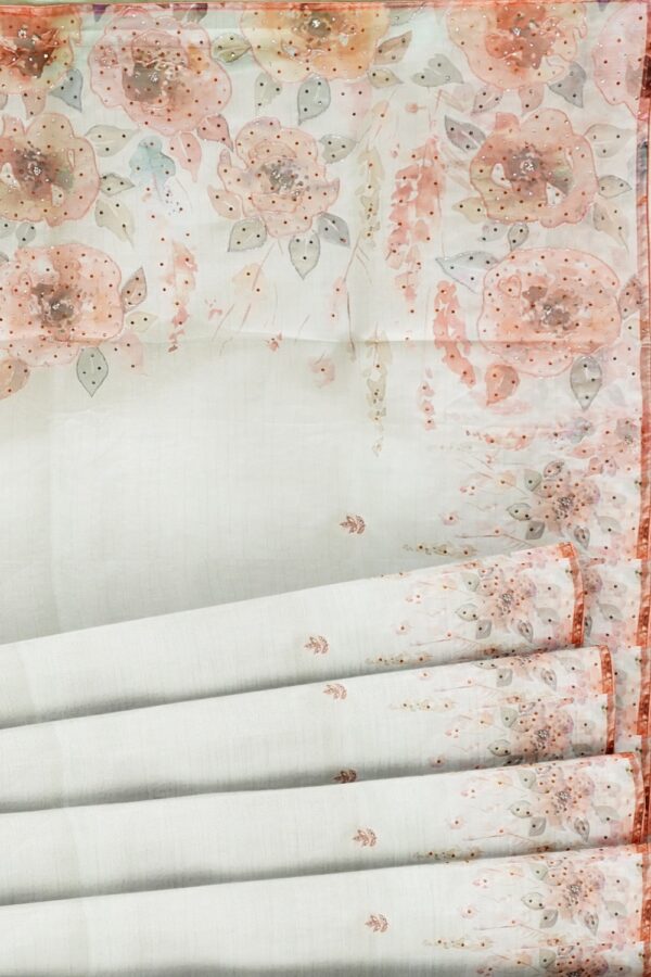 sri kumaran stores organza saree floral design azure white saree with stone work border and pallu 5