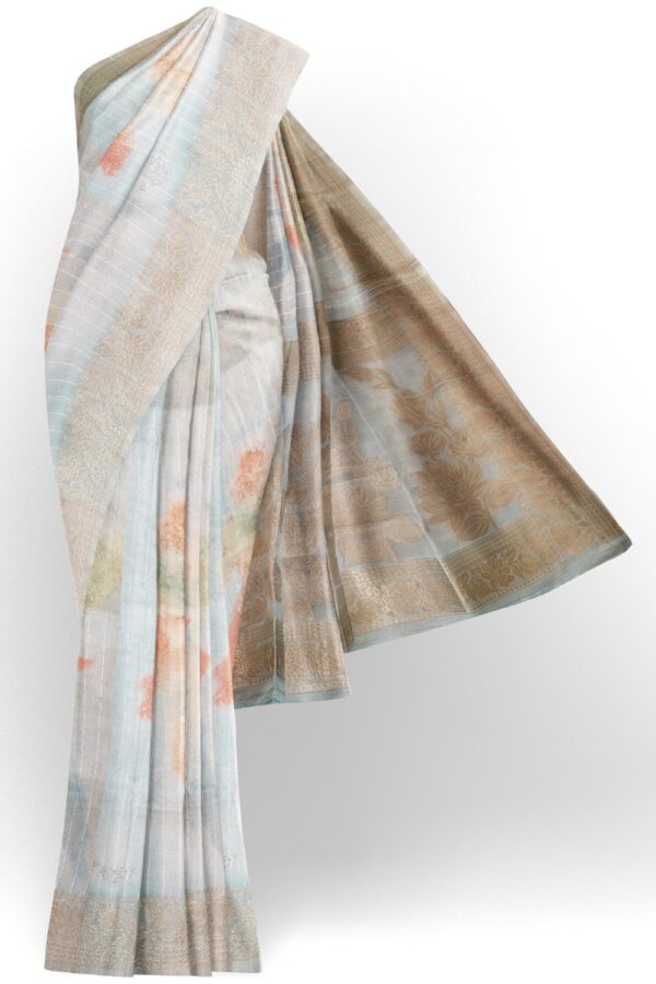 sri kumaran stores organza saree floral design light baby blue saree with zari border and pallu 1