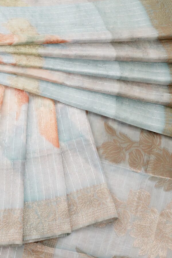 sri kumaran stores organza saree floral design light baby blue saree with zari border and pallu 4