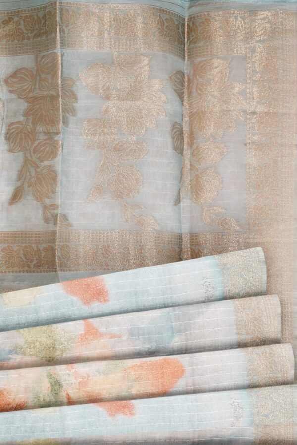 sri kumaran stores organza saree floral design light baby blue saree with zari border and pallu 5