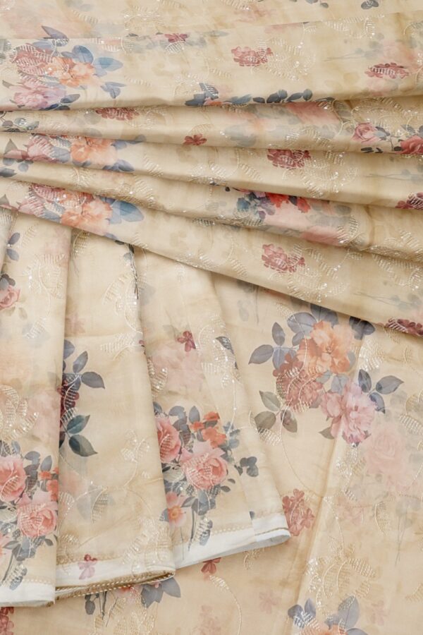 sri kumaran stores organza saree floral design thread worked antique white color saree 4