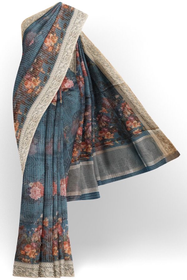 sri kumaran stores organza saree floral design yale blue saree with thread work border 1