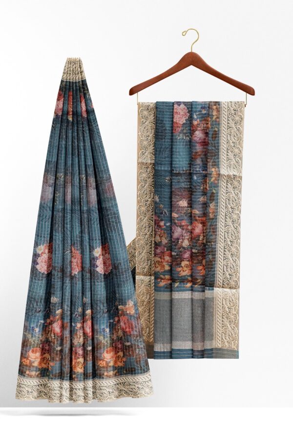sri kumaran stores organza saree floral design yale blue saree with thread work border 2