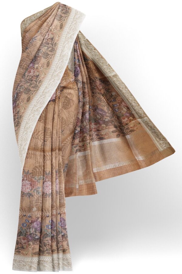sri kumaran stores organza saree flower design peach color saree with thread work border 1
