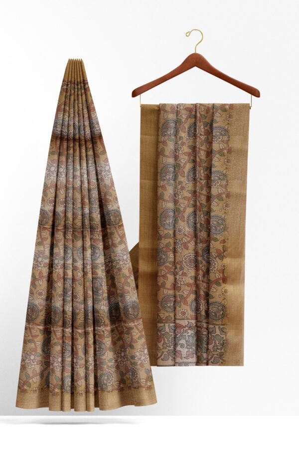 sri kumaran stores organza saree kalamkari design tortilla color saree with golden border 2