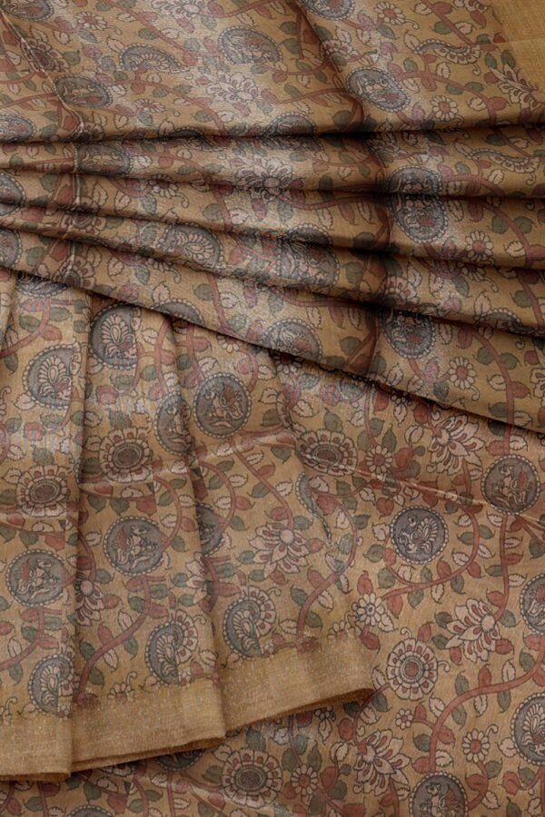 sri kumaran stores organza saree kalamkari design tortilla color saree with golden border 4