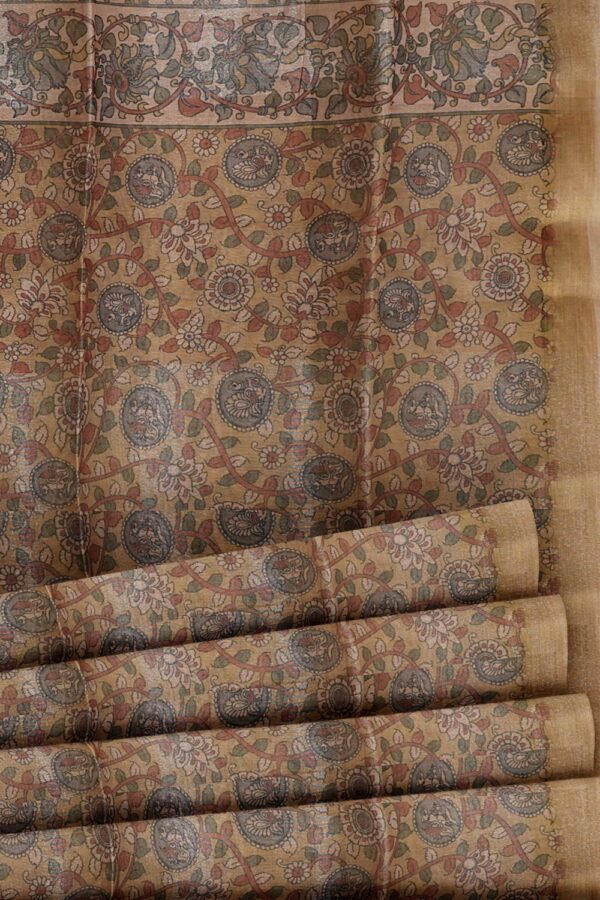 sri kumaran stores organza saree kalamkari design tortilla color saree with golden border 5