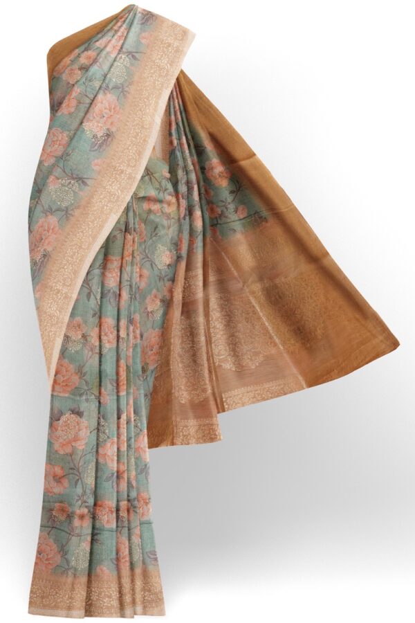 sri kumaran stores organza saree pale blue saree with peach color zari border and pallu 1