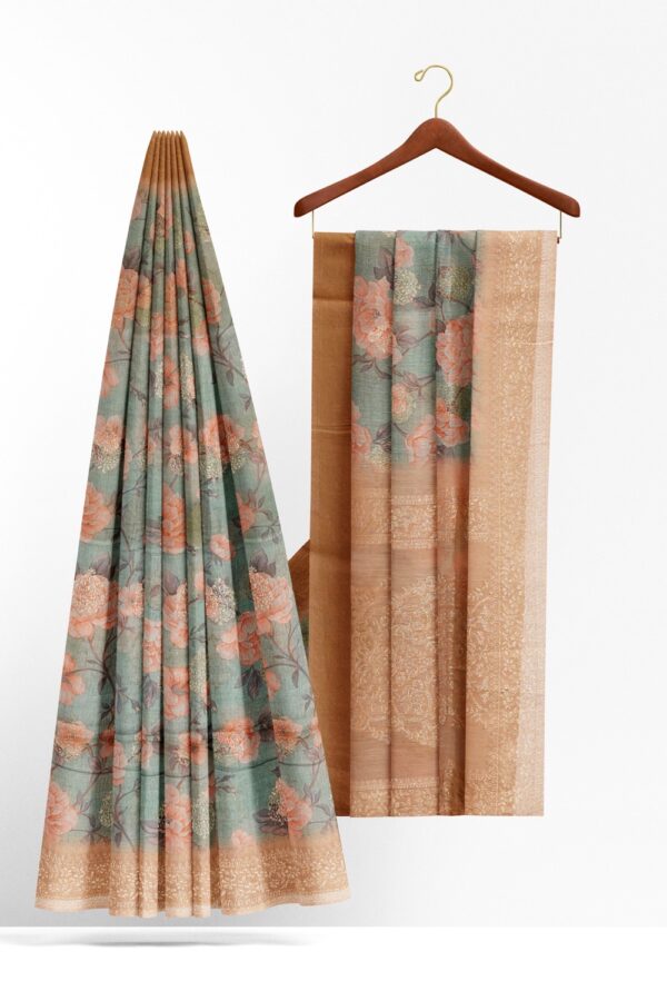 sri kumaran stores organza saree pale blue saree with peach color zari border and pallu 2
