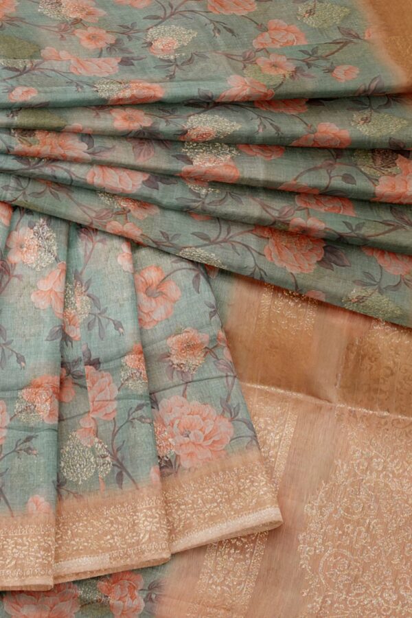 sri kumaran stores organza saree pale blue saree with peach color zari border and pallu 4