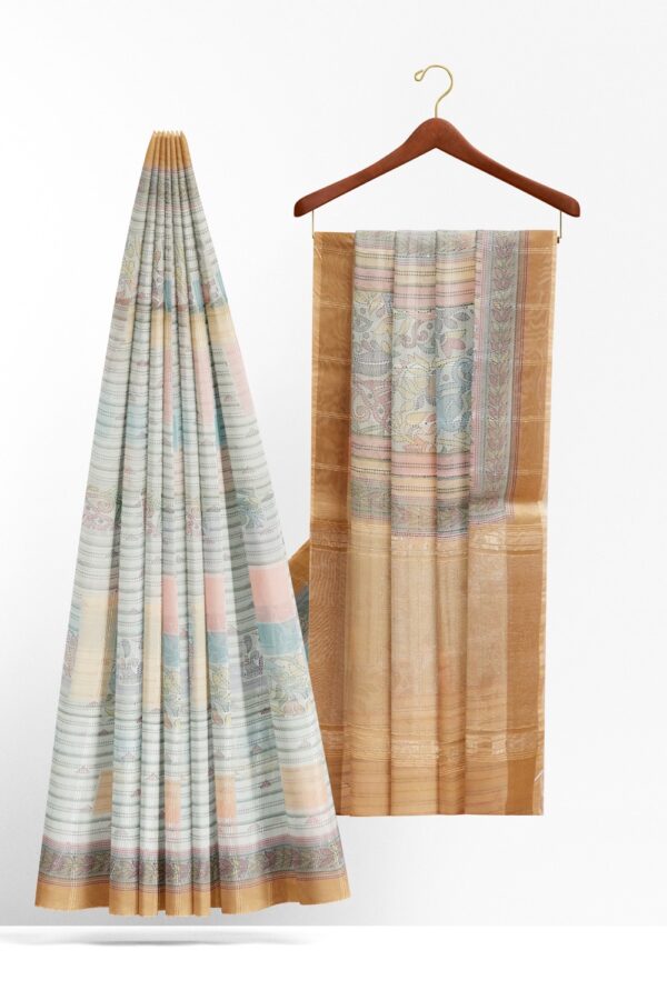 sri kumaran stores organza saree pastel color saree with zari border and pallu 2