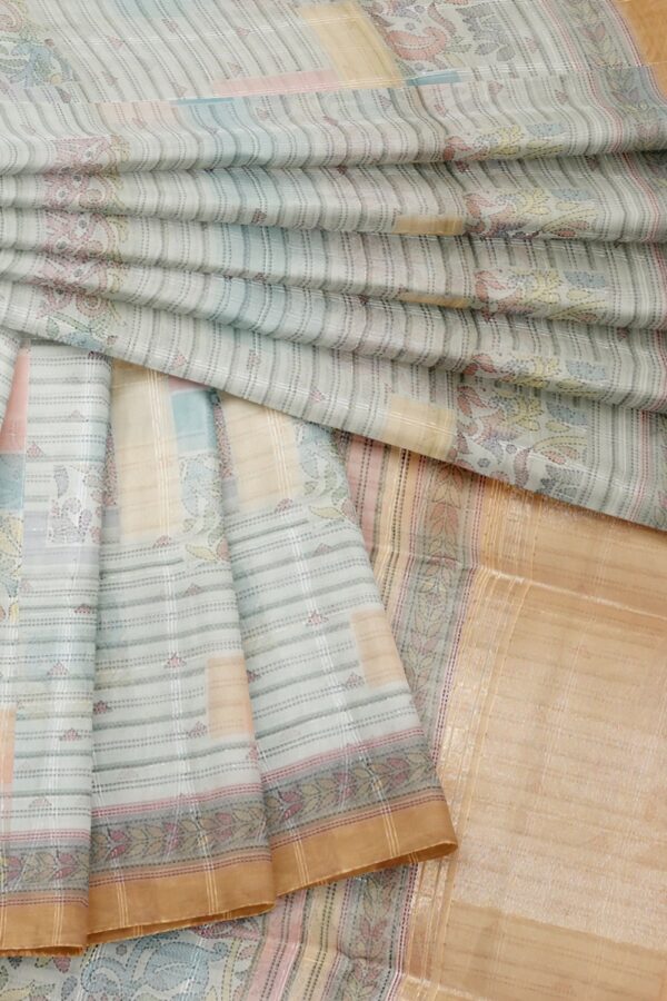 sri kumaran stores organza saree pastel color saree with zari border and pallu 4