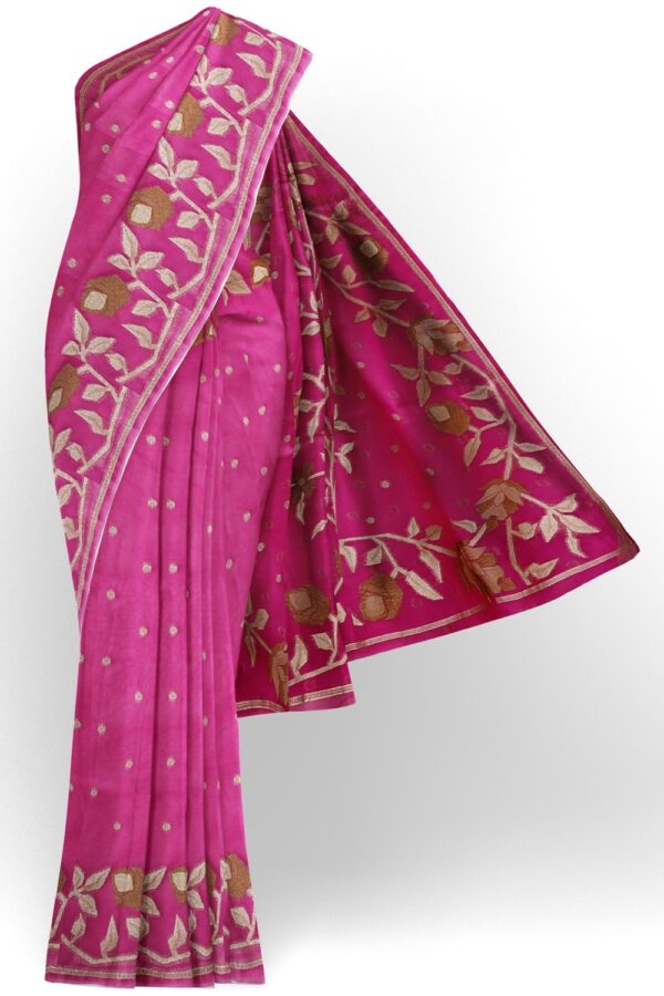 sri kumaran stores organza saree pink saree with zari work border and pallu 1