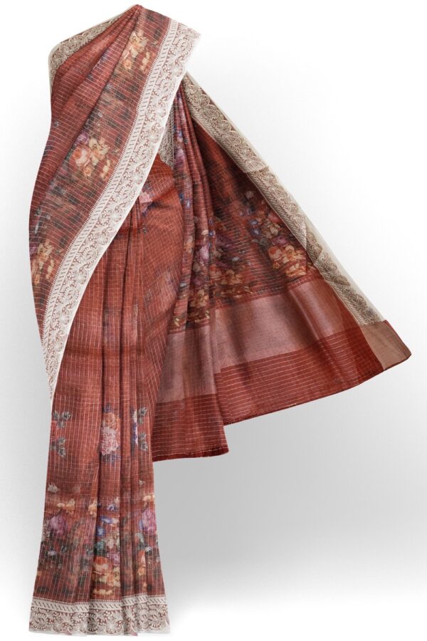 sri kumaran stores organza saree rose design cinnamon brown saree with thread work border 1
