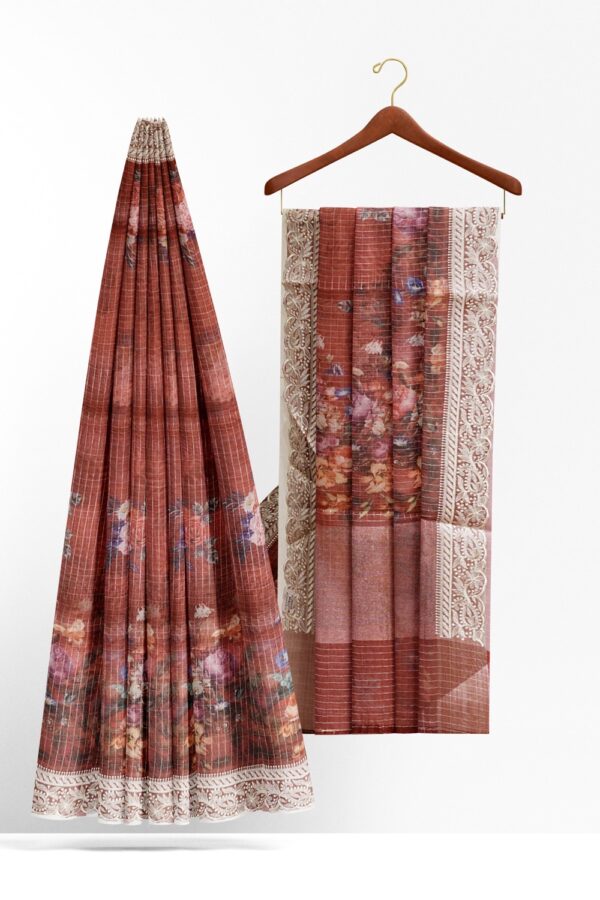 sri kumaran stores organza saree rose design cinnamon brown saree with thread work border 2