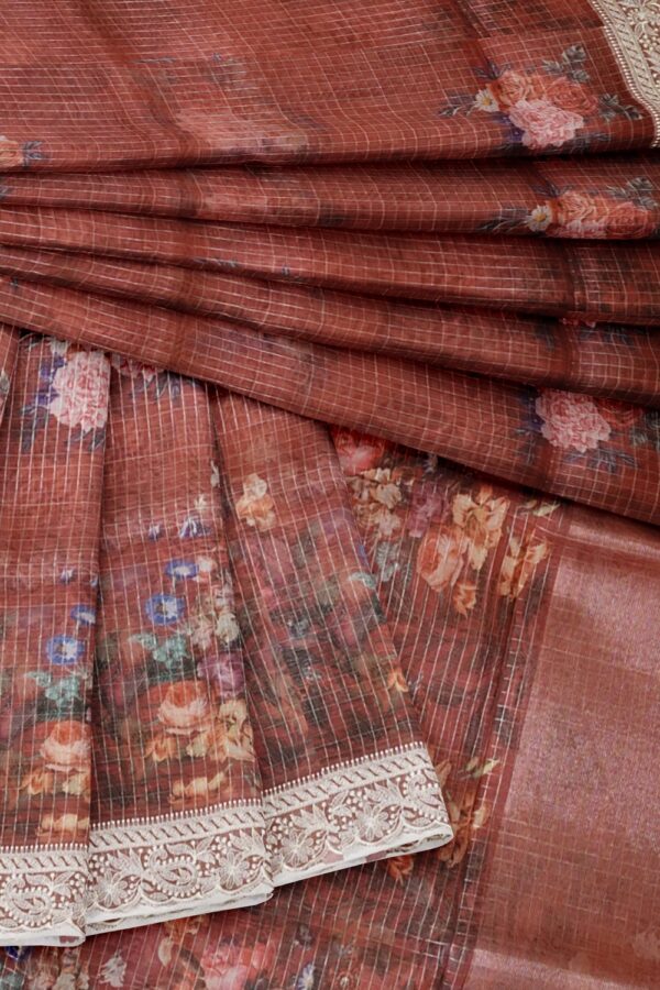 sri kumaran stores organza saree rose design cinnamon brown saree with thread work border 4