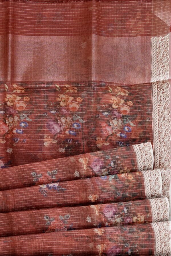 sri kumaran stores organza saree rose design cinnamon brown saree with thread work border 5