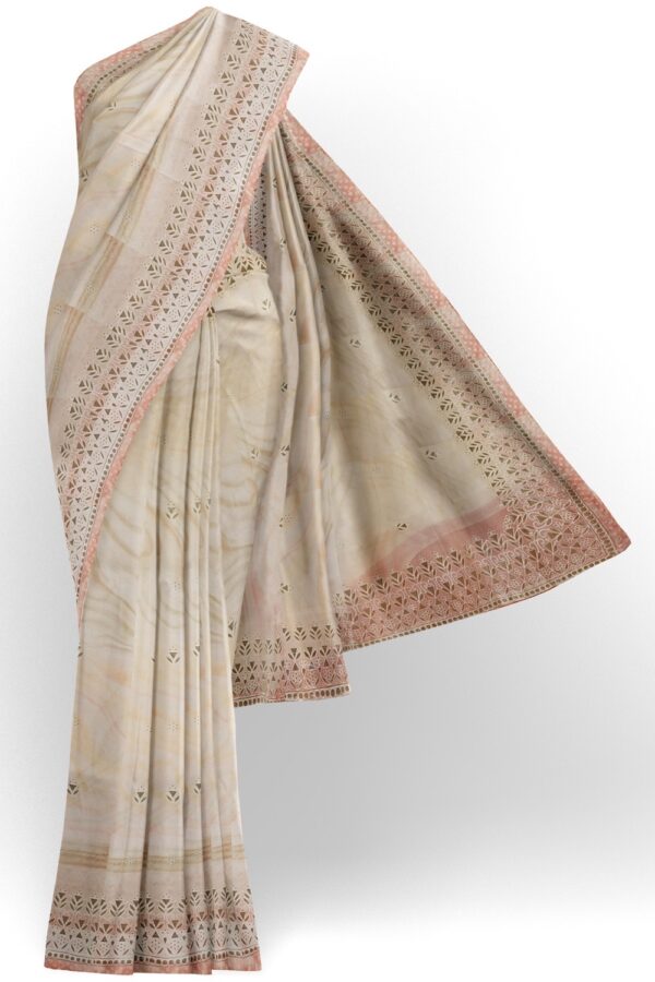 sri kumaran stores organza saree salt white saree with lemonade pink border 1