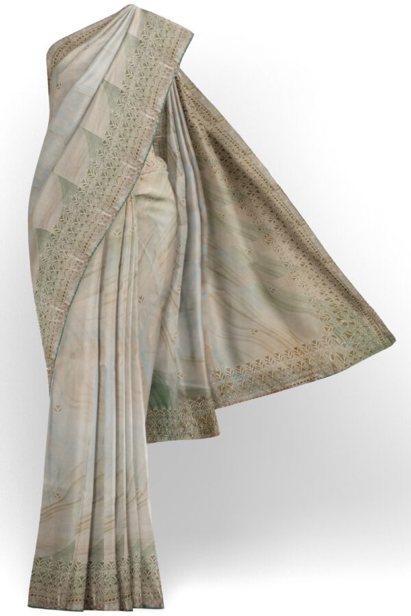 sri kumaran stores organza saree sky blue green and abalone color saree with printed border and pallu 1