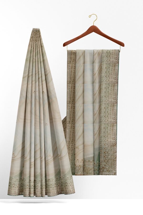 sri kumaran stores organza saree sky blue green and abalone color saree with printed border and pallu 2