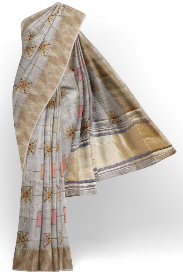 sri kumaran stores organza saree smoke white saree with golden zari border 1