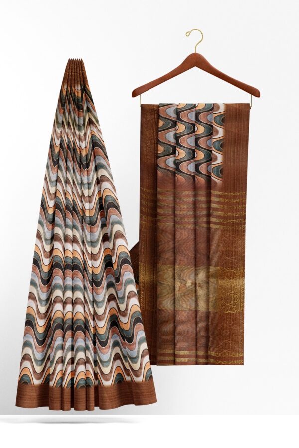 sri kumaran stores organza saree wavy pattern saree with light brown border 2