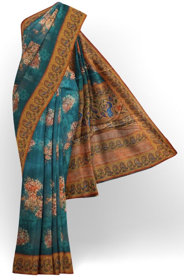 sri kumaran stores pure cotton saree cobalt blue saree with dark tan border 1