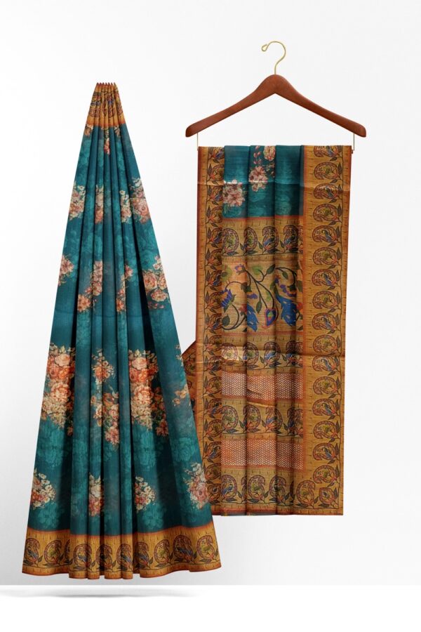 sri kumaran stores pure cotton saree cobalt blue saree with dark tan border 2