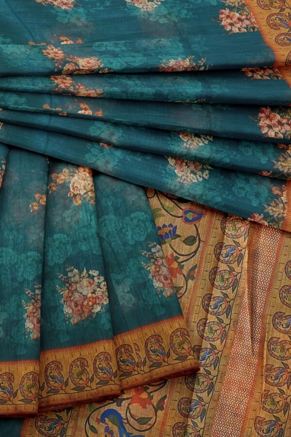 sri kumaran stores pure cotton saree cobalt blue saree with dark tan border 4