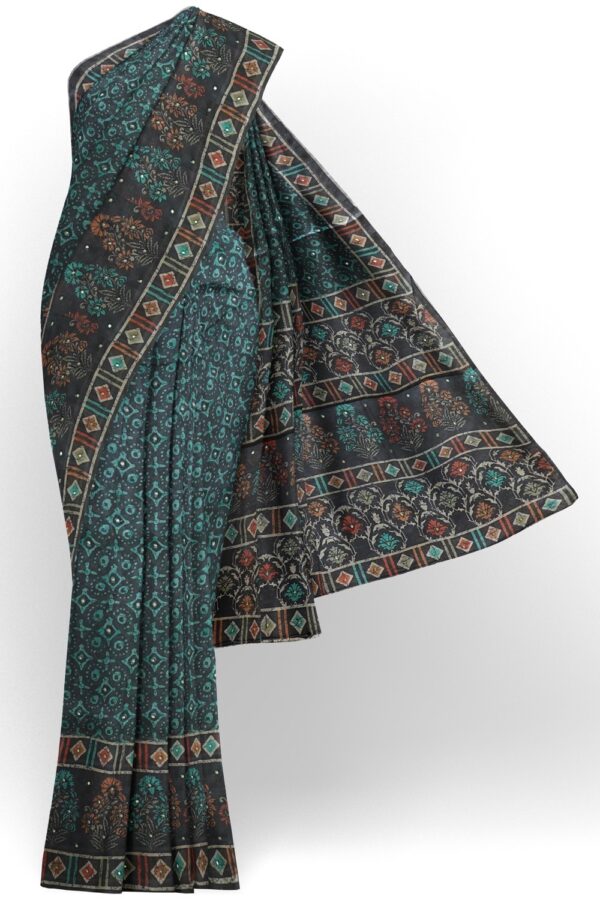 sri kumaran stores pure cotton saree navy blue and tarquoise blue printed saree with flower border 1