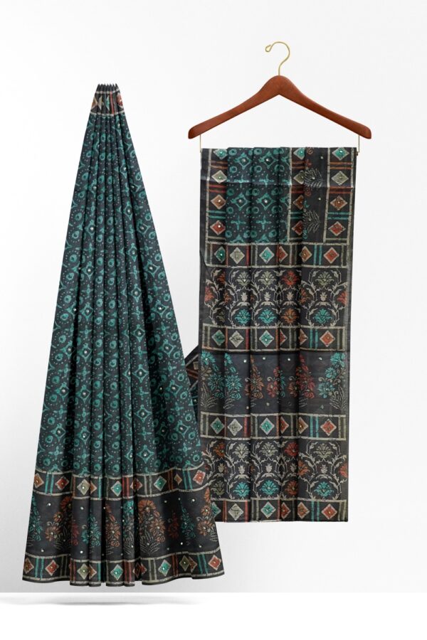 sri kumaran stores pure cotton saree navy blue and tarquoise blue printed saree with flower border 2