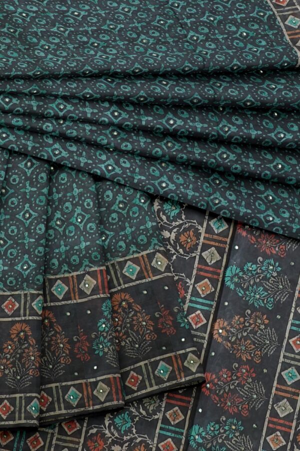 sri kumaran stores pure cotton saree navy blue and tarquoise blue printed saree with flower border 4